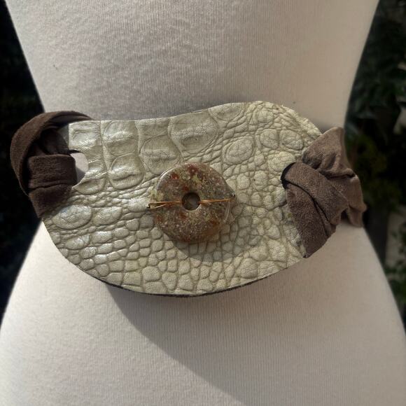 Handmade Leather Belt OOAK Tie Wrap 41” Brown Suede Croc Stone Earthy Artsy Boho - Picture 1 of 9